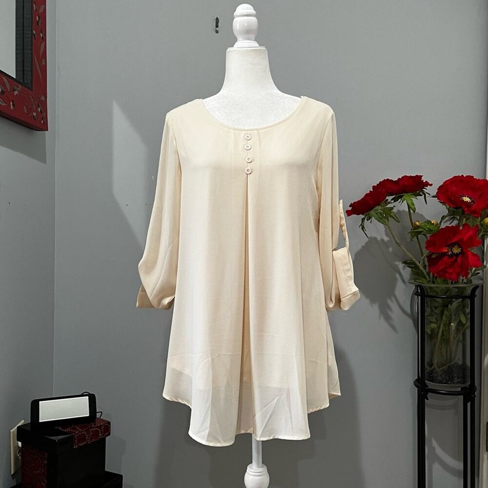 NEW Cestyle Pintuck Henley Layered Chiffon Longline Scoop Relaxed Tunic Blouse M
